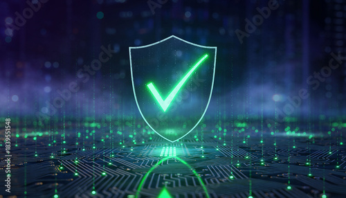 Cybersicherheit – Digitales Schutzschild mit Häkchen auf Leiterplatte