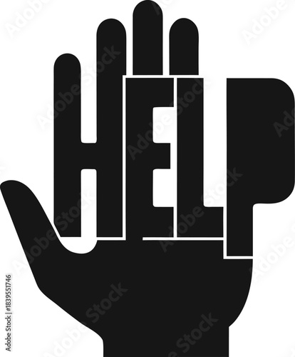 Black hand silhouette forming the word H E L P help white vector illustration EPS file download.
