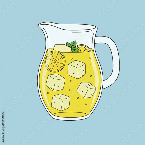 Glass pitcher of cold fresh lemonade with ice cubes, lemon slices and mint leaves vector illustration.