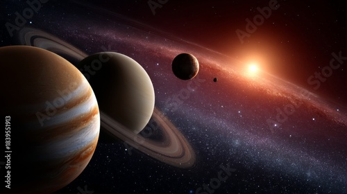 Jupiter and some of its moons are orbiting a spiral galaxy with a bright star illuminating the celestial scene