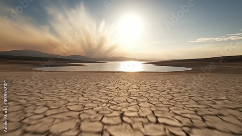 Expansive Cracked Earth Leading To Distant Water Under Golden Sunburst Sky With Dramatic Clouds