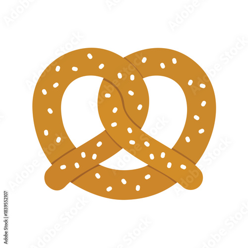 Classic golden brown soft pretzel with salt grains, traditional bakery snack vector illustration isolated.