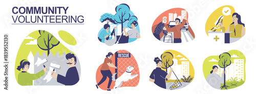 Community volunteering concept set for web design. Collection with people painting fence, collect trash, help elderly man cross road, adopting dog, donate clothing, plant trees. Vector illustration.