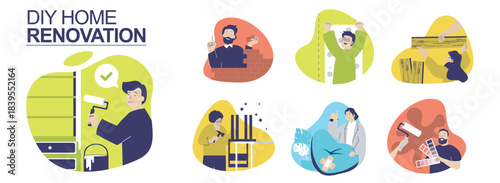 DIY home renovation concept set for web design. Collection with people painting walls, bricklaying, planking, choosing colours for wallpapers, constructing furniture and repair. Vector illustration.