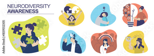 Neurodiversity awareness concept set for web design. Collection with people having neurology diversity, sensitivity, autism and adhd acceptance, mental difference representation. Vector illustration.