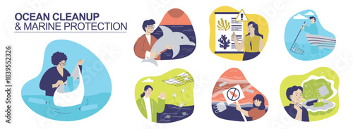 Ocean cleanup and marine protection concept set for web design. Collection with people gathering plastic trash in water, saving dolphins and sea wildlife, environment awareness. Vector illustration.