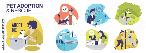 Pet adoption and rescue protection concept set for web design. Collection with people taking to home cats and dogs from shelters, saving dolphins or other animals in dangerous. Vector illustration.
