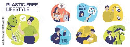 Plastic-free lifestyle concept set for web design. Collection with people using string shopping bags, paper packages, reusing coffee cups and straws without plastic, zero waste. Vector illustration.