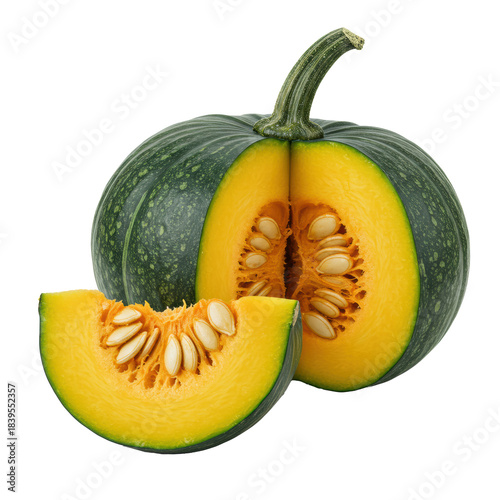 Small, round, deep forest green pumpkin with gnarled stem and cut slice showing vibrant orange flesh, seeds, on a transparent studio background, natural abundance concept
