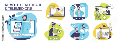 Remote healthcare and Telemedicine concept set for web design. Collection with people getting doctor consultation with appointments by video call, chatting with clinic online. Vector illustration.