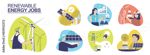 Renewable energy jobs concept set for web design. Collection with people working as technicians at wind turbines or solar panels stations, engineers analyzing energy sources data. Vector illustration.