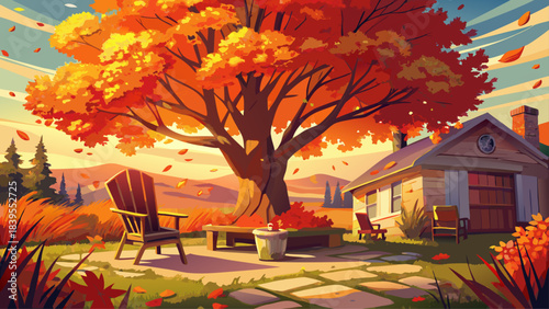 Very beautiful radiant maple tree glowing with red and orange leaves beside wooden resting chairs. A peaceful autumn retreat offering warm colors and quiet comfort in Vermont’s countryside.