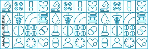Line hospital  mosaic with dna strands microscope and laboratory flask science pattern.