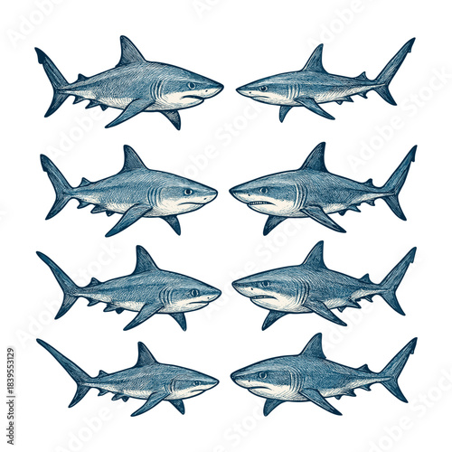 Vintage Hand Drawn Engraving Set of Sharks and Predators