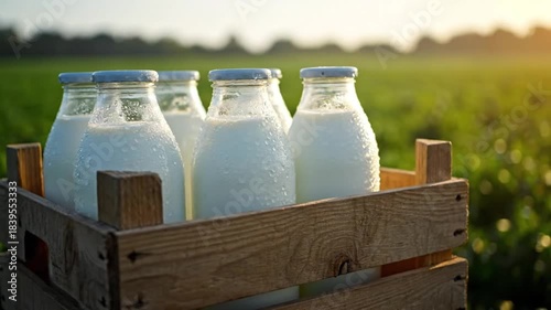 Fresh milk bottles in rustic wooden crate, green field background, morning light