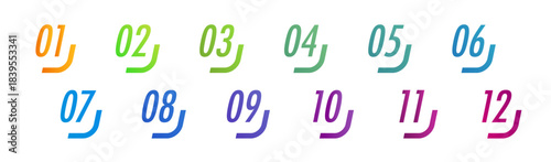 Number bullet points set from 1 to 12 colorful for infographic, list, presentation, workflow, process or progress