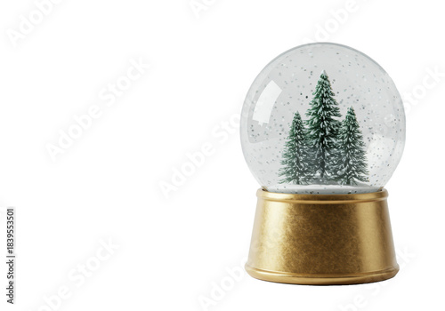 Frosted glass snow globe with christmas trees, snowflakes, gold base, transparent background, copy space, soft studio light, christmas holiday magic concept.