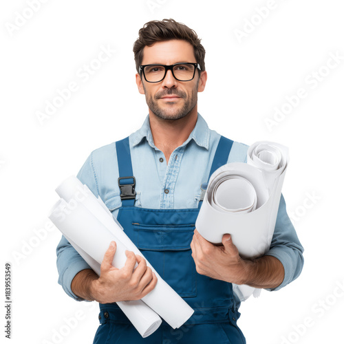 Construction Worker Holds Blueprints and Plans for Building Projects in a Stu...