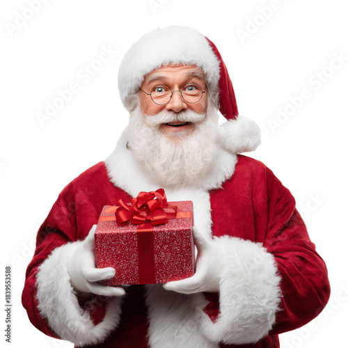 Santa Claus Holds a Gift in a Bright Setting During the Holiday Season
