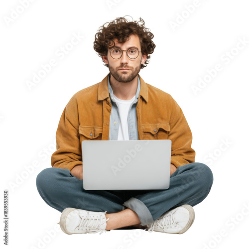 Man Sits on the Floor With Laptop, Focused on Screen in a Plain Space During ...