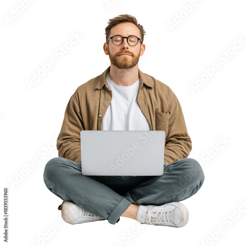 Man Sitting Cross-Legged With Laptop in a Focused Pose Indoors During Daytime