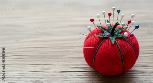 Colorful sewing pins stuck in a red tomato pincushion on a rustic wooden table for handicraft concept and hobby background with copy space