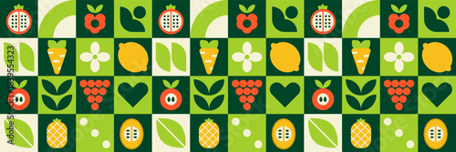 Geometric fruit mosaic lemon carrot and apple melon raspberry with a pattern .