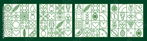 Set abstract fruit  mosaic with geometric leaves and organic line patterns.