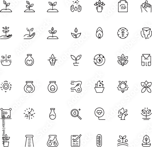 Plants and Leaf Growing, linear style icon set. various stages of plant growth, from seedlings to mature plants. leaves, sprouts, flowers, symbols of environmental care. 
