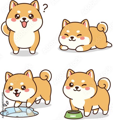 Cartoon Shiba Inu dog character in playful poses with water splash, food bowl, curiosity, rest - flat vector illustration
