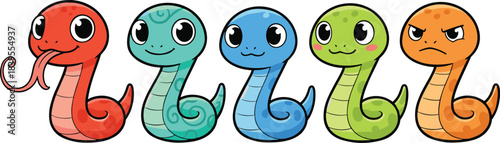Cartoon snake character set with colorful bodies, facial expressions, emotions, cheerful and angry poses - flat vector illustration