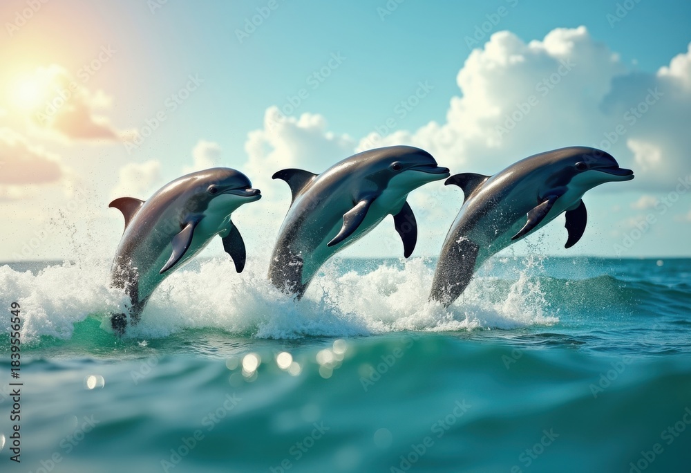 Obraz premium Energetic Dolphins Leaping Through Majestic Ocean Waves in a Clear Blue Sea