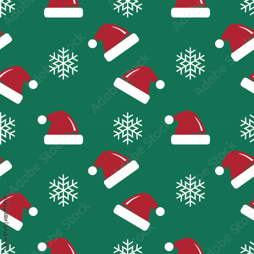 Christmas Santa Hat and Snowflake Seamless Pattern. Ideal for holiday wrapping paper, festive decorations, and seasonal designs.