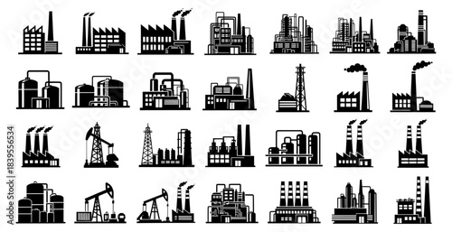 Factory, power plant industrial icons. Factory, power plant, oil refinery and oil processing plant industrial icon. Transparent background SVG version.