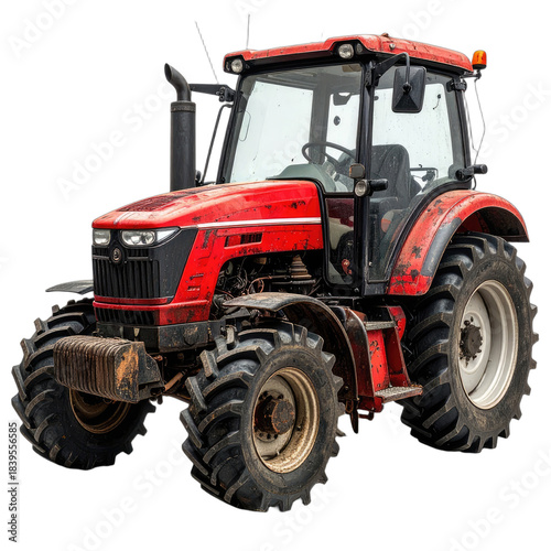 A detailed, isolated image of a red agricultural tractor against a black background.