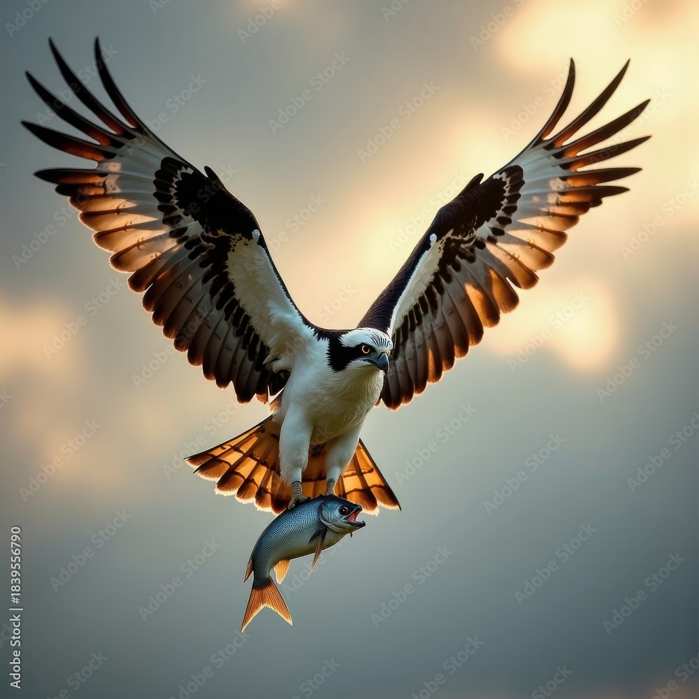 Fototapeta premium Osprey Clutching Fish in Sharp Talons Against Dramatic Sky Backdrop