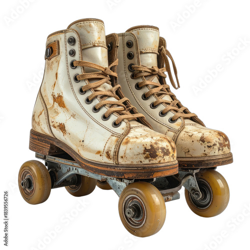 A pair of vintage, heavily worn white roller skates with brown laces set against a black background.