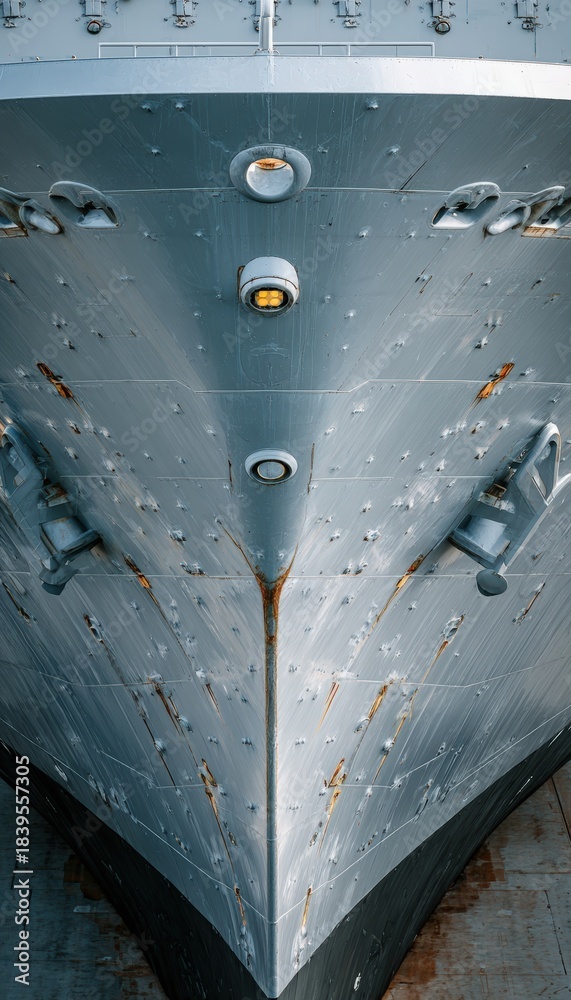 Naklejka premium Vertical View of Ship Bow with Navigation Markings and Rust Trails
