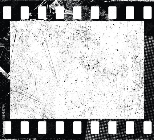 Grunge Filmstrip poster overlay . Dusty, scratchy texture effect. Film frame photo strip. Camera roll vintage design .Photo Album. Grunge effect .Vector
