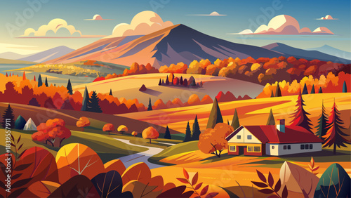 Very beautiful vivid autumn colors surround rolling hills leading toward Burke Mountain, glowing beneath clear seasonal light. A peaceful New England landscape blending warm tones and scenic rural bea