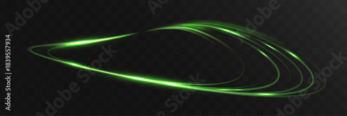 Glowing neon green light waves with smooth energy streaks and luminous motion effect on dark transparent background, vector EPS illustration.
