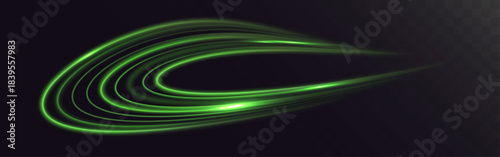 Glowing neon green light waves with smooth energy streaks and luminous motion effect on dark transparent background, vector EPS illustration.
