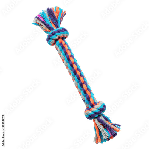 Vibrant, multi-colored braided rope dog toy with two knots and frayed ends, isolated on a transparent background with copy space, playful pet accessory concept