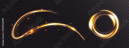 Golden glowing light trails and magic swirl ring with sparkling particles, realistic neon energy effect on dark transparent background, vector EPS illustration.

