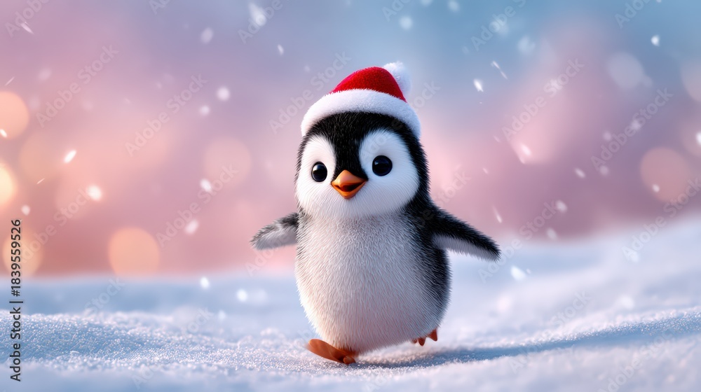 Obraz premium Cute Penguin in Santa Hat Standing on Snow