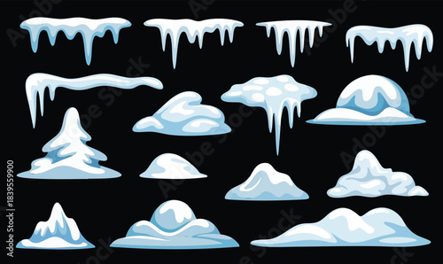 Snow caps, snowy ice and frozen icicles, vector cartoon icons, isolated on transparent background. Abstract snow frost caps and icicles of house roof shape for Christmas and New Year elements design