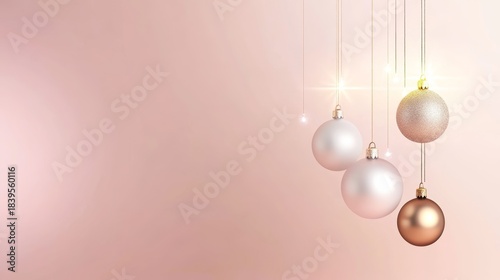 Elegant hanging ornaments on pale pink background with soft glow and minimal holiday style
