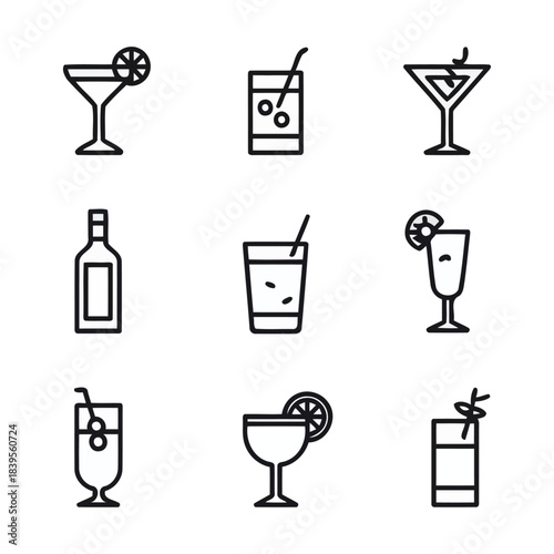 Minimal black cocktail icons set in simple outline style vector illustration