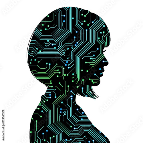 Digital intelligence concept with a woman's silhouette filled with a glowing circuit board pattern, symbolizing AI, innovation, and futuristic technology, isolated on transparent background.