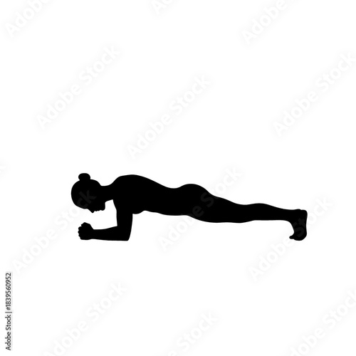 Black silhouette of a woman performing a plank exercise, demonstrating core strength and fitness, perfect for health and wellness designs, isolated on transparent background.
